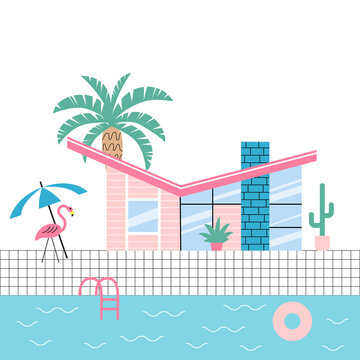 Mid century modern house with palm trees and plastic flamingo