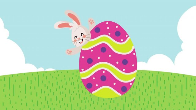 happy easter animation with rabbit in big egg