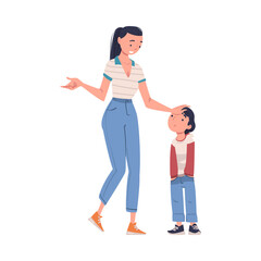 Mother Talking to Her Sad Son Supporting and Soothing Him Touching His Head Vector Illustration