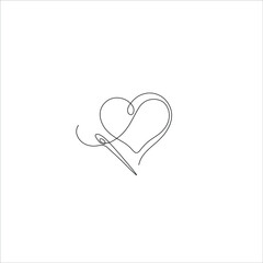 Heart and needle, sewing, greeting card, continuous line drawing, small tattoo, print for clothes and logo design, heart isolated abstract vector illustration.