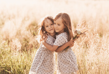 Two little happy identical twin girls playing together in nature in summer. Girls friendship and...