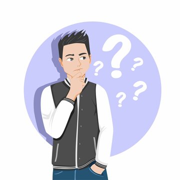 A person who doubts his choice. Vector image of a young man who is thinking about a question. Flat illustration.