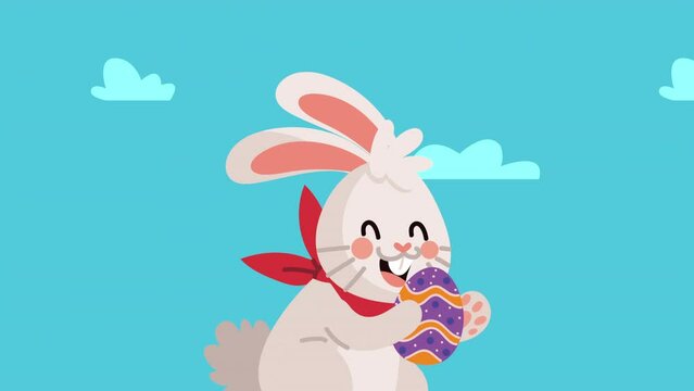 happy easter animation with rabbit walking and egg