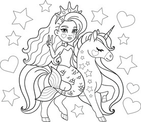 Mermaid riding cute unicorn. Vector outline for coloring page