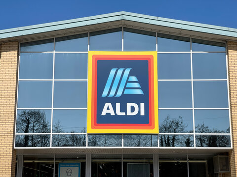 Llantrisant, Wales - March 2022: External front view of a branch of the ALDI supermarket chain