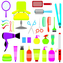 Colorful hair styling tools kit set isolated on white background. Accessories, shampoo, comb, hair curler, hairdryer, hair straightener, hairbrush, hairspray, mirror, hairpins ecc.	