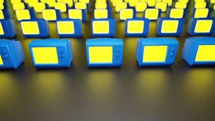Blue televisions with yellow glowing screens stand in rows on a black surface, close-up, focus on the first row