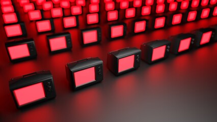 Black TVs with red glowing screens stand in rows on a black surface, diagonally, the focus is on the first row