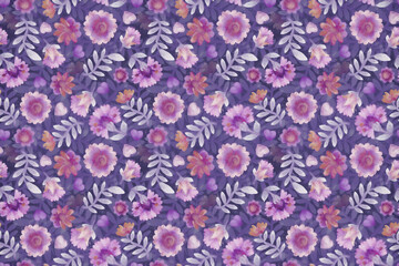 Bright background with floral ornament. Raster illustration for packaging design, wrapper, scrapbooking or postcard. Watercolor pink flowers on a purple background.
