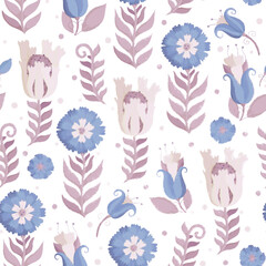 Seamless pattern with flowers. Raster illustration for packaging design, wrapper, scrapbooking or postcard. Watercolor blue and beige flowers on a light background.