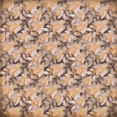 Retro background with floral ornament. Raster illustration for design and print. Watercolor yellow flowers on a brown background.
