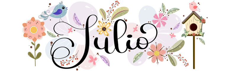 Hello July. JULY month vector with flowers and leaves. Decoration letters floral. Illustration month July - obrazy, fototapety, plakaty