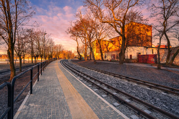 Żnin, Poland December 22, 2021 Tracks to the historic narrow-gauge railway in the city of Żnin. Tourist attraction.