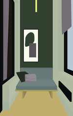 Vector flat image of a small room in green and gray tones. Balcony with sofa, cushions and picture. Design for backgrounds, posters, postcards, textiles, templates.