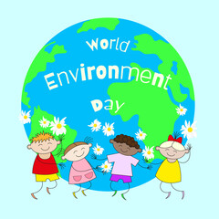 Obraz na płótnie Canvas Cheerful cartoon children around the globe on a light background for World Environment Day