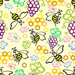 Seamless pattern with bees on a light background with flowers, grapes and honeycombs
