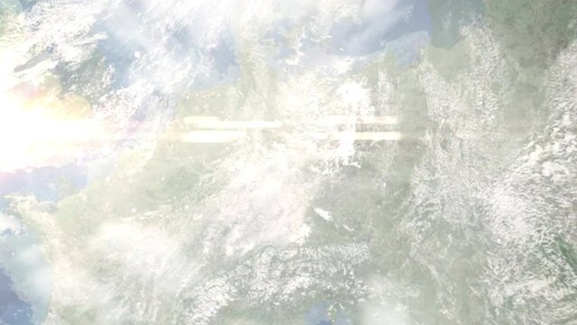 Earth zoom in from outer space to city. Zooming on Jena, Germany. The animation continues by zoom out through clouds and atmosphere into space. Images from NASA