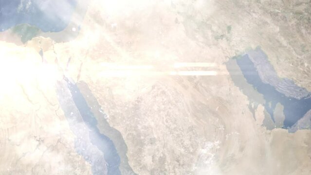 Earth zoom in from outer space to city. Zooming on Hail, Saudi Arabia. The animation continues by zoom out through clouds and atmosphere into space. Images from NASA
