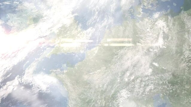 Earth zoom in from outer space to city. Zooming on Roubaix, France. The animation continues by zoom out through clouds and atmosphere into space. Images from NASA