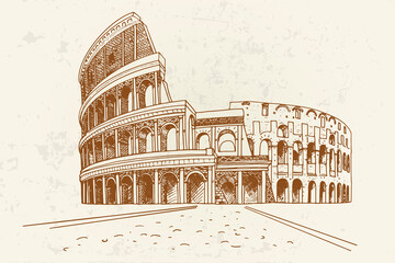 Vector sketch of The Coliseum or Flavian Amphitheatre, Rome, Italy. Retro style. - 497361320