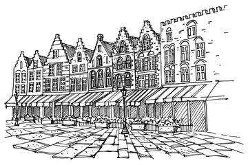 Vector sketch of Traditional architecture in the town of Bruges (Brugge), Belgium