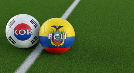 Ecuador vs. South Korea Soccer match - Soccer balls in Ecuador and South Korea national colors. 3D Rendering 