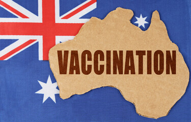 On the flag of Australia lies the contour of the map of the country with the inscription -...