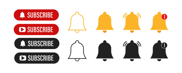 Subscribe button and notification bells. Set of subscribe buttons with bells of notification isolated symbols. Vector illustration.
