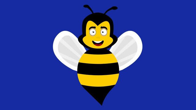 Loop animation of a cartoon bee flapping its wings, on a blue chroma key background