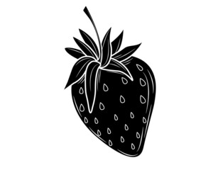 Black silhouette of strawberry red summer fruit on white background. Vector graphic illustration. Natural, organic dessert sweet, fresh berries