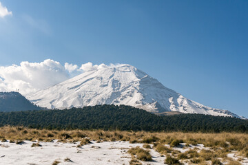 snow capped popocatepetl volcano with blue sky