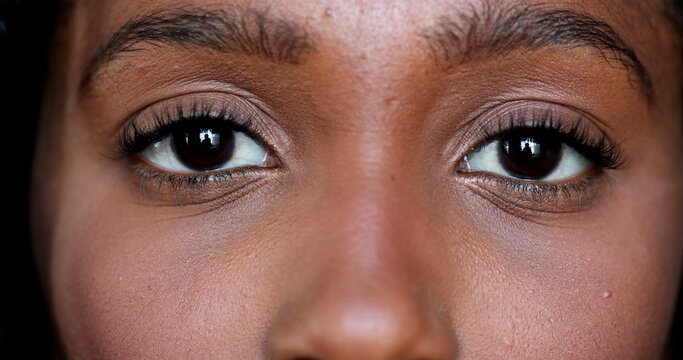 Close-up African Young Woman Eyes Looking At Camera, Macro Closeup Black Girl Eye