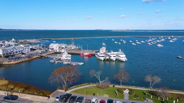 Plymouth Bay and Plymouth Village Historic District aerial view, including Antique ship Mayflower, in town center of Plymouth, Massachusetts MA, USA. 