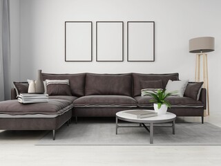 Modern living room with three vertical mockups, leather sofa, floor lamp and decorations. 3d rendering, interior design, 3d illustration