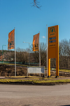 Gothenburg, Sweden - February 27 2022: Yellow Preem pylon with current gas prices at a gas station.