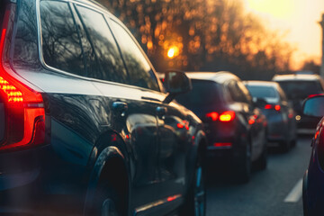 Obraz premium traffic. cars caught in the crowd. photo taken in the evening. people in traffic returning from work