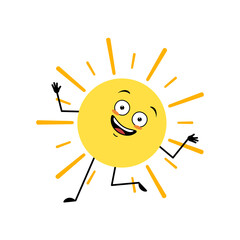 Cute sun character with crazy happy emotion, joyful face, smile eyes, dancing arms and legs. Person with funny expression and pose. Vector flat illustration