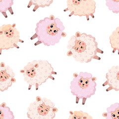 Charming colorful sheeps or lambs with different emotions on a white background. 
Seamless doodle pattern. Suit for wrapping, textile, child room. Clipping.