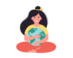Woman hugging Earth globe. Earth Day, saving planet, nature protect, ecological awareness concept. Hand drawn vector illustration