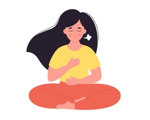 Woman doing breathing exercise. Woman meditating in lotus pose. World yoga day, mental wellness. Hand drawn vector illustration