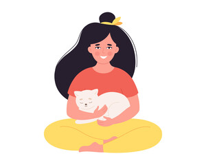 Woman holding cat. Woman with pet. Happy pet owner. Hand drawn vector illustration