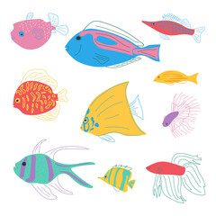 Naklejka premium A set of fish. Colorful cute aquarium and sea fish. Flat cartoon style.