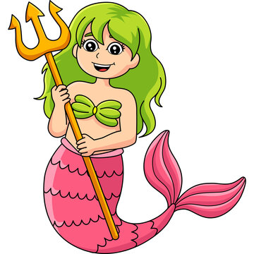 Mermaid Holding Trident Cartoon Colored Clipart 