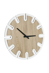 Close-up of a wooden wall clock on a white background. A white wall clock hangs on the wall. Minimalist flat image of wall clock isolated on background. Copy space and center composition.