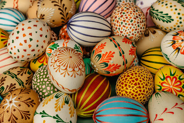 Happy Easter.Colorful hand painted decorated Easter eggs. Handmade Easter craft.Spring decoration background. Festive tradition for Eastern European countries.Holiday Still life photo selective focus - obrazy, fototapety, plakaty