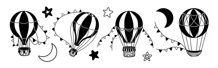 Hot Air Balloons vector set. Illustration with vintage aircrafts. Collection of silhouette drawings. Stars and crescent