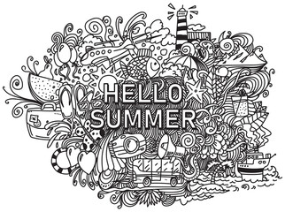 Hand drawn hello summer doodles vector set on white paper