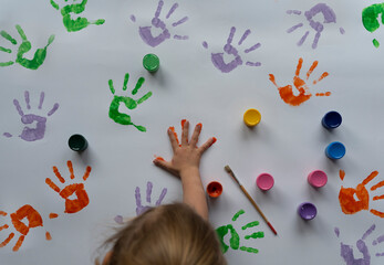 child painted hands on a white backgound. Colorful imprint and handprint as a concept for fun,...