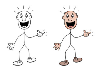 Strichmännchen Comic Mann zeigt voller Freude und Begeisterung mit dem Finger auf einen Gegenstand