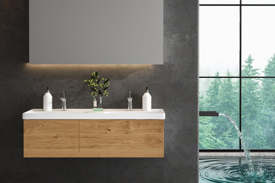 White bathroom sink standing on a wooden bathroom furniture. A square mirror hanging on a concrete wall. A close up. Front view. 3d rendering
